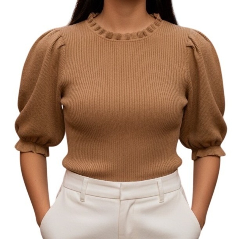 🆕‎ EXPRESS Camel Tan Ribbed Puff Sleeve Ruffle Mock Neck Sweater Top NWT Small